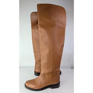 J. Crew Over The Knee Boots OTK Brown Cognac Leather Pull On Almond Toe Low Heel